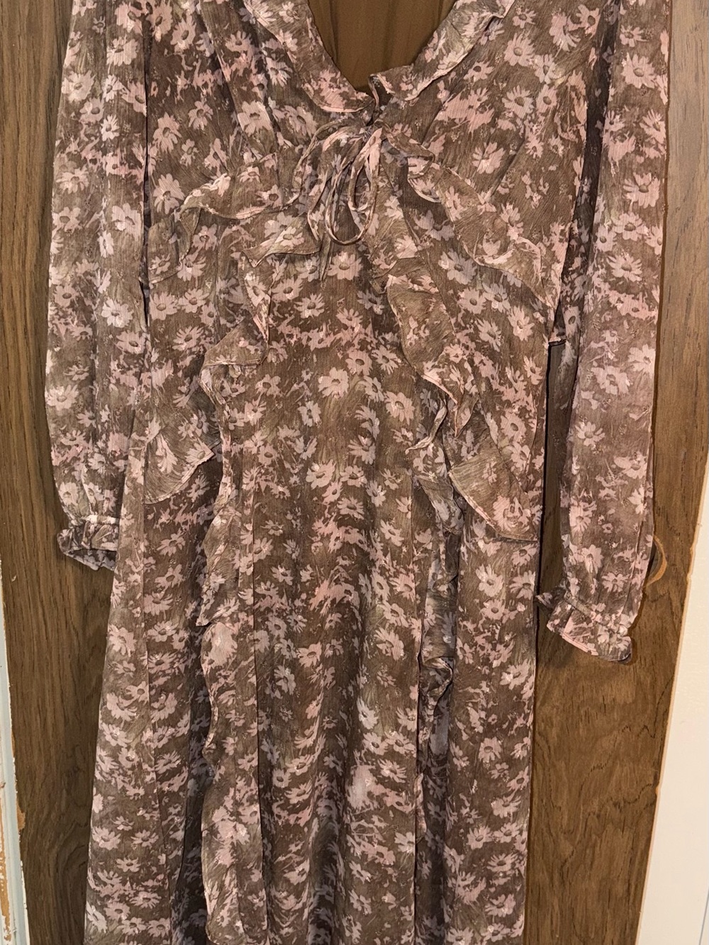 Storia Mauve and Taupe Floral Ruffle Long Sleeve Maxi Dress